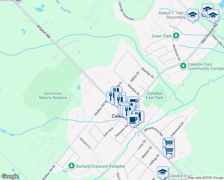 map of restaurants, bars, coffee shops, grocery stores, and more near 5 McKee Drive in Caledon