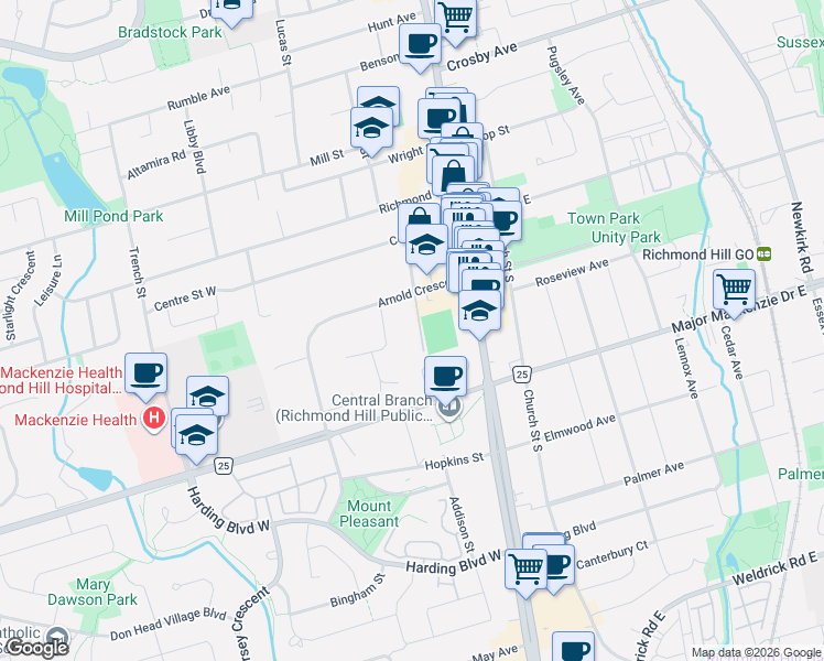 map of restaurants, bars, coffee shops, grocery stores, and more near 58 Elizabeth Street South in Richmond Hill