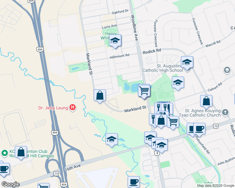 map of restaurants, bars, coffee shops, grocery stores, and more near 211 Hopecrest Road in Markham