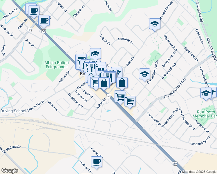 map of restaurants, bars, coffee shops, grocery stores, and more near 301 Queen Street South in Caledon