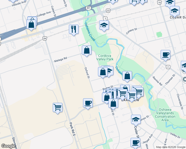 map of restaurants, bars, coffee shops, grocery stores, and more near 900 Glen Street in Oshawa