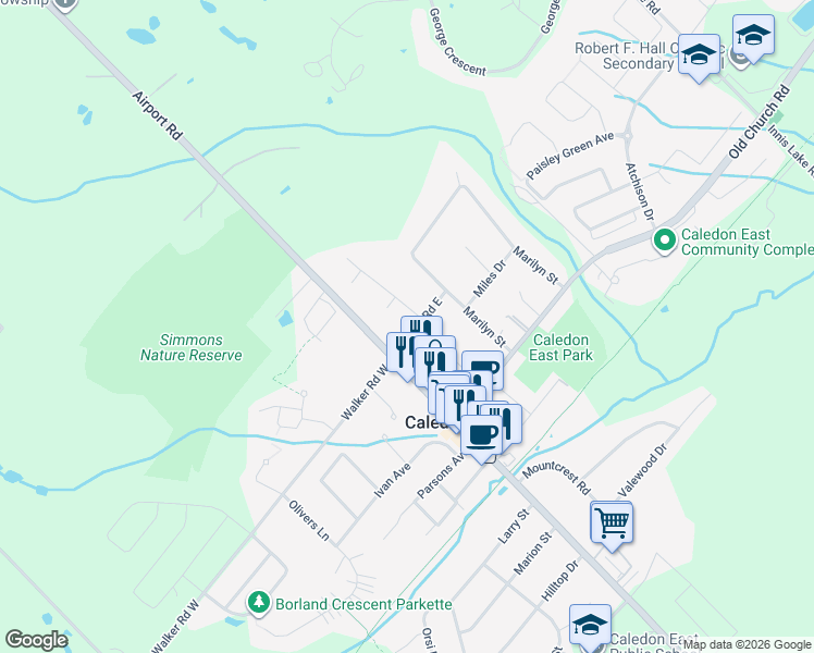 map of restaurants, bars, coffee shops, grocery stores, and more near 7 Walker Road East in Caledon East