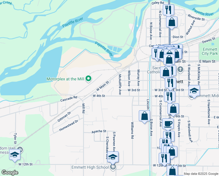 map of restaurants, bars, coffee shops, grocery stores, and more near 704 West 4th Street in Emmett