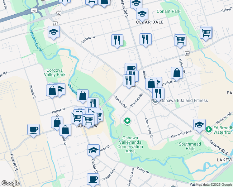 map of restaurants, bars, coffee shops, grocery stores, and more near in Oshawa