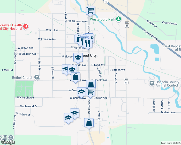 map of restaurants, bars, coffee shops, grocery stores, and more near 123 East Todd Avenue in Reed City