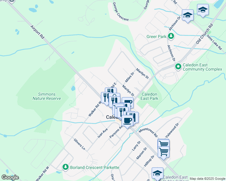 map of restaurants, bars, coffee shops, grocery stores, and more near 20 Walker Road East in Caledon