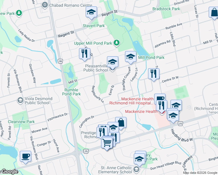 map of restaurants, bars, coffee shops, grocery stores, and more near 421 Easy Street in Richmond Hill