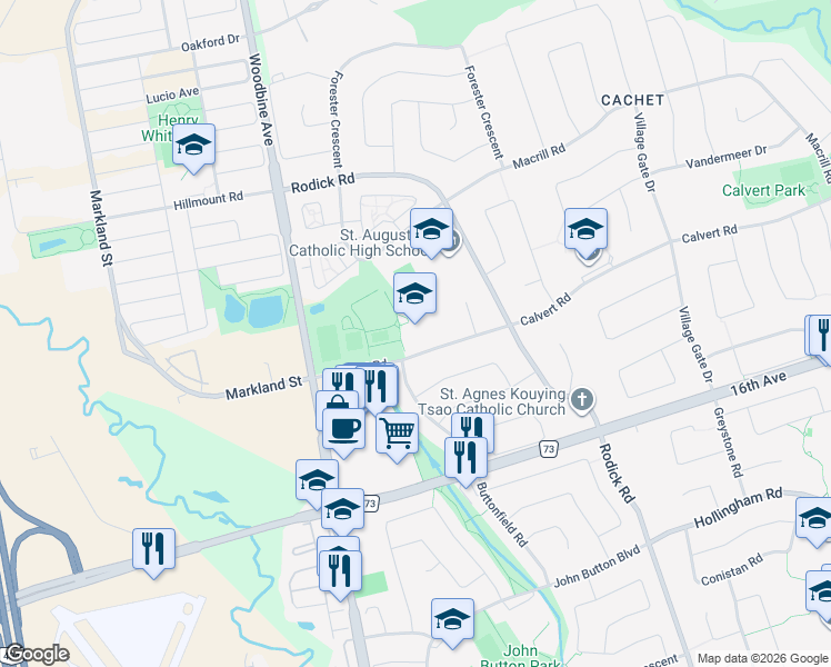 map of restaurants, bars, coffee shops, grocery stores, and more near 230 Calvert Road in Markham