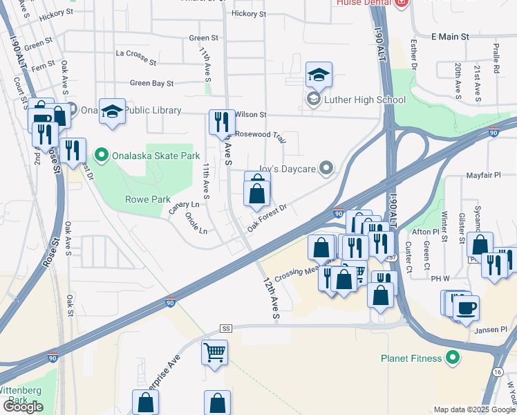 map of restaurants, bars, coffee shops, grocery stores, and more near 916 13th Avenue South in Onalaska