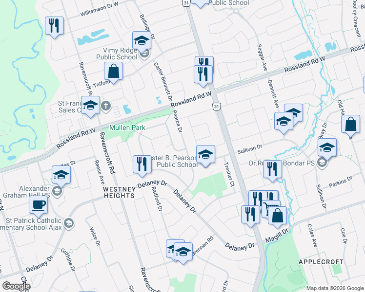 map of restaurants, bars, coffee shops, grocery stores, and more near 188 Large Crescent in Ajax