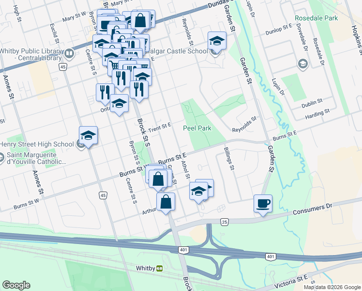 map of restaurants, bars, coffee shops, grocery stores, and more near 805 Athol Street in Whitby