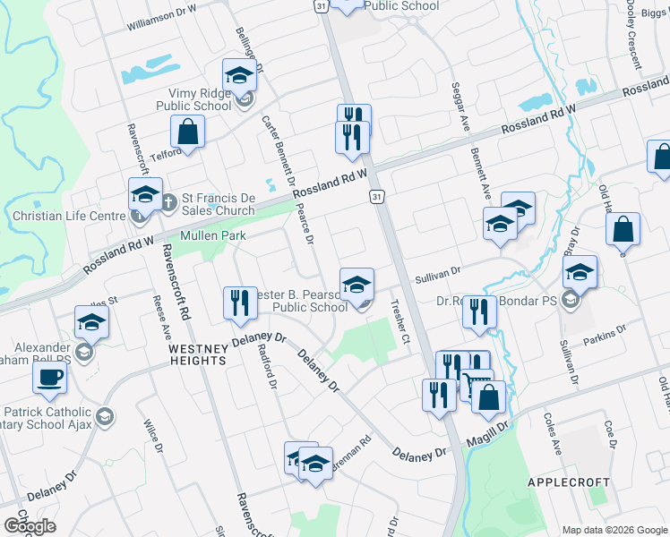 map of restaurants, bars, coffee shops, grocery stores, and more near 18 Carrick Avenue in Ajax