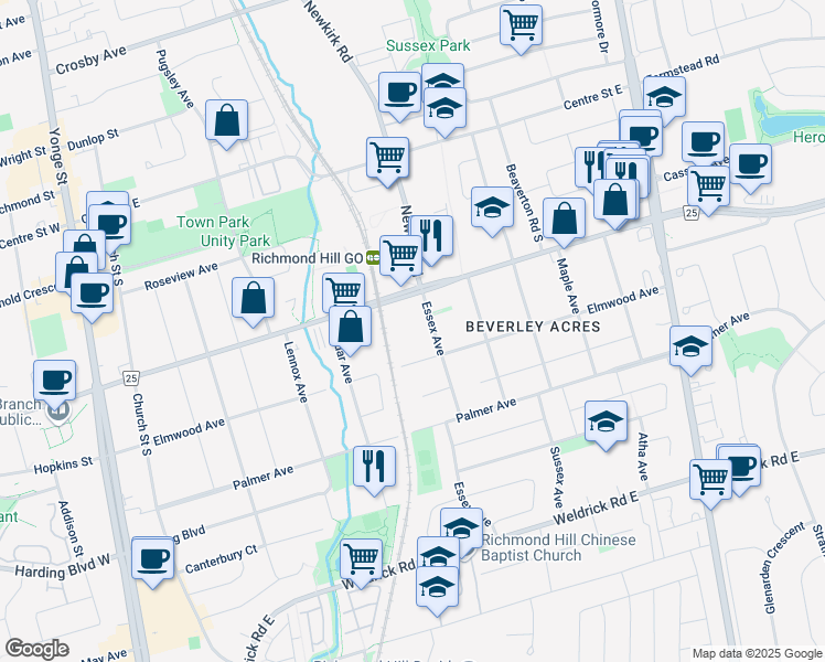 map of restaurants, bars, coffee shops, grocery stores, and more near 160 Essex Avenue in Richmond Hill