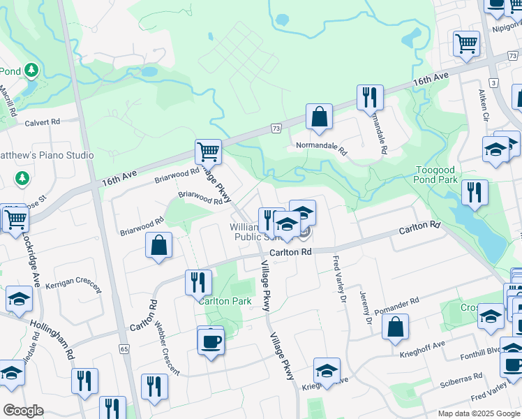 map of restaurants, bars, coffee shops, grocery stores, and more near 653 Village Parkway in Markham