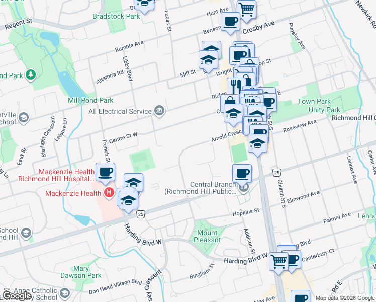 map of restaurants, bars, coffee shops, grocery stores, and more near 116 Arnold Crescent in Richmond Hill