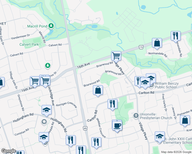 map of restaurants, bars, coffee shops, grocery stores, and more near in Markham