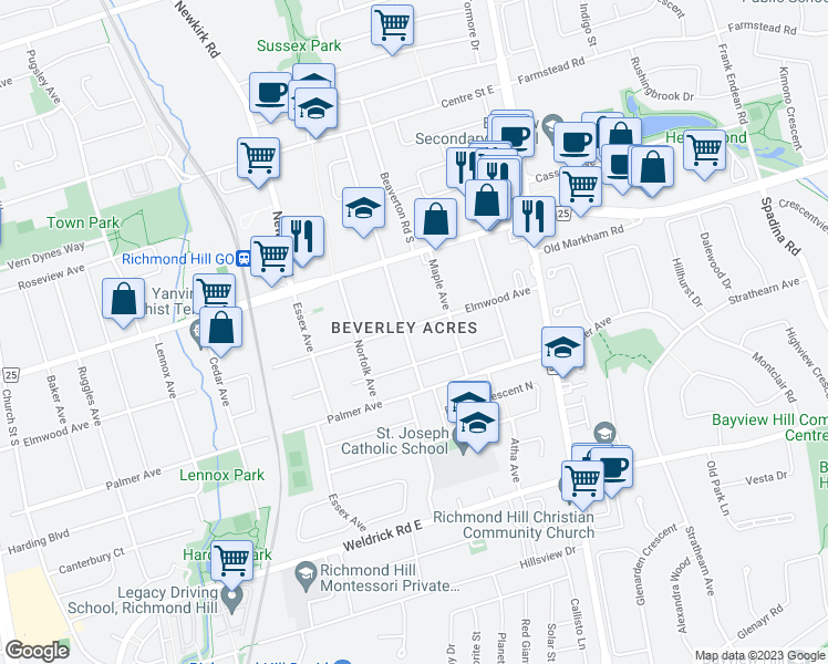 map of restaurants, bars, coffee shops, grocery stores, and more near 358 Elmwood Avenue in Richmond Hill