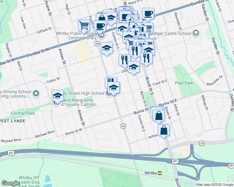 map of restaurants, bars, coffee shops, grocery stores, and more near 404 Trent Street West in Whitby