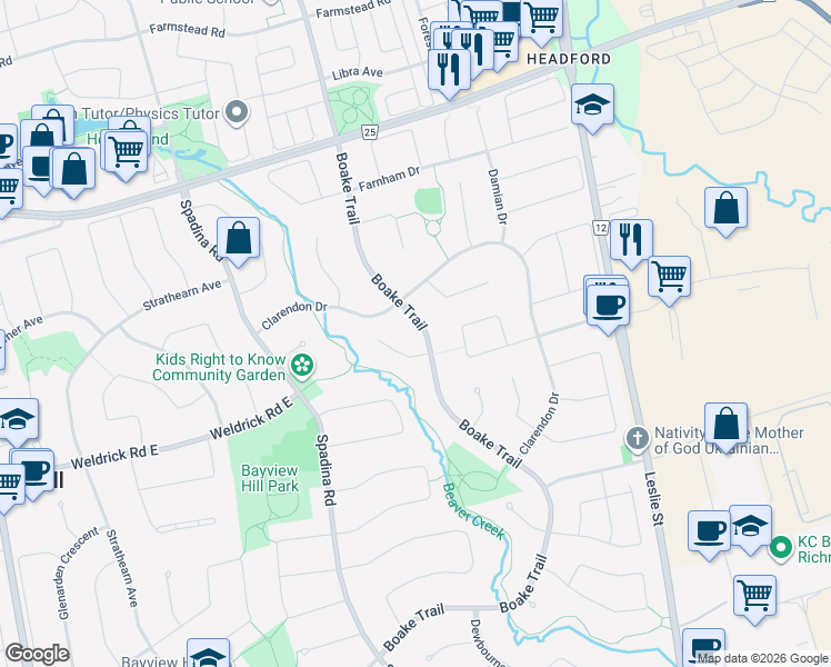 map of restaurants, bars, coffee shops, grocery stores, and more near 192 Boake Trail in Richmond Hill