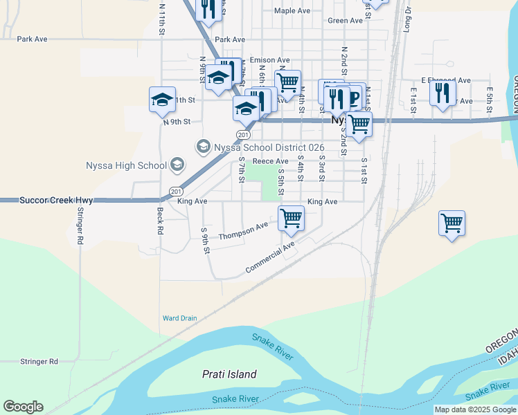 map of restaurants, bars, coffee shops, grocery stores, and more near 602 King Avenue in Nyssa