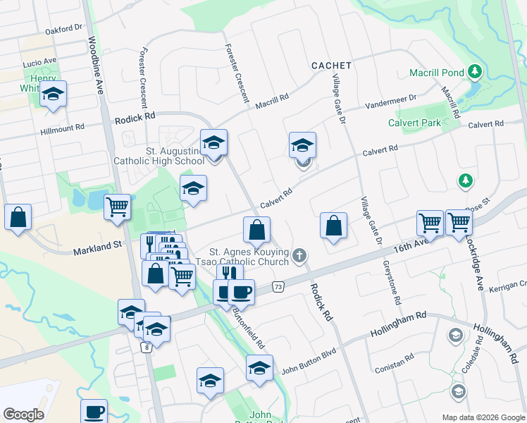 map of restaurants, bars, coffee shops, grocery stores, and more near 2163 Rodick Road in Markham