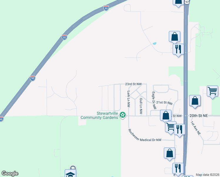 map of restaurants, bars, coffee shops, grocery stores, and more near 2214 Nightingale Avenue Northwest in Stewartville