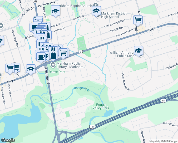 map of restaurants, bars, coffee shops, grocery stores, and more near 34 Rougecrest Drive in Markham