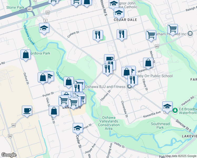 map of restaurants, bars, coffee shops, grocery stores, and more near 57 Wentworth Street West in Oshawa