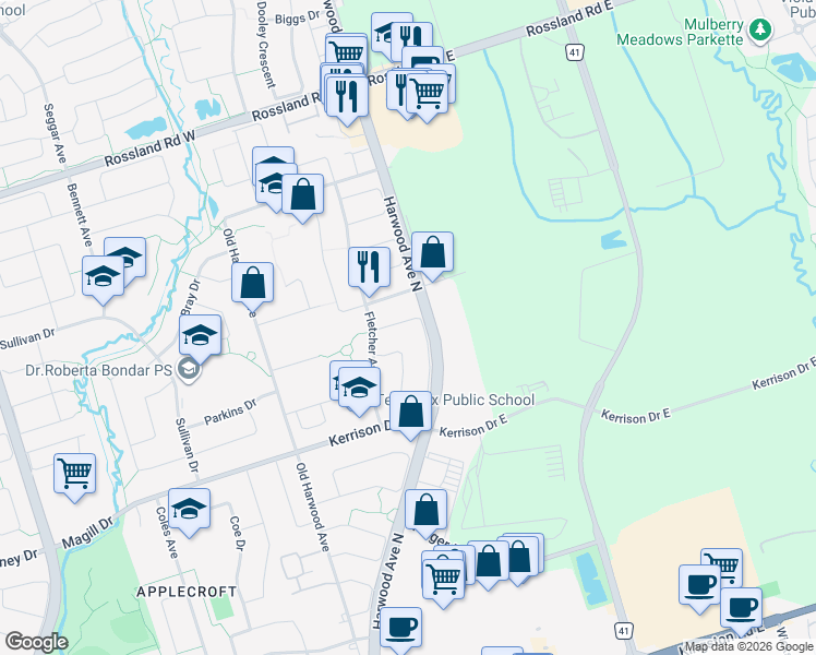 map of restaurants, bars, coffee shops, grocery stores, and more near 104 Monk Crescent in Ajax
