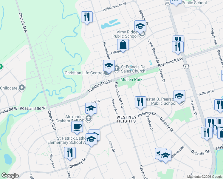 map of restaurants, bars, coffee shops, grocery stores, and more near 67 Reese Avenue in Ajax