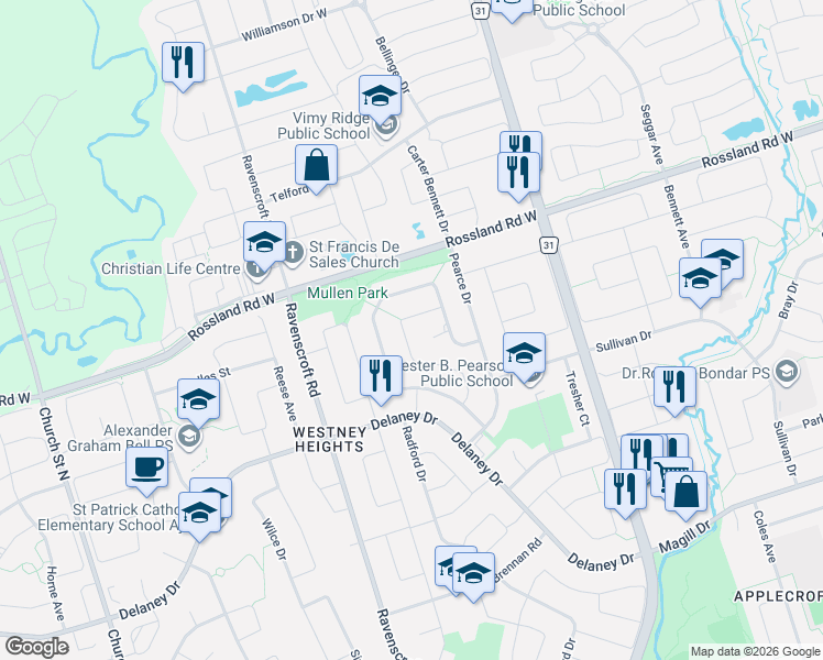 map of restaurants, bars, coffee shops, grocery stores, and more near 53 Dakin Drive in Ajax