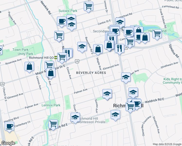 map of restaurants, bars, coffee shops, grocery stores, and more near Sussex Avenue in Richmond Hill