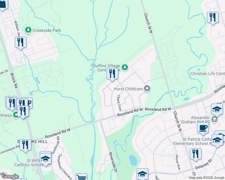 map of restaurants, bars, coffee shops, grocery stores, and more near 9 Stott Avenue in Ajax