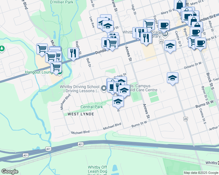 map of restaurants, bars, coffee shops, grocery stores, and more near 11 Michael Boulevard in Whitby