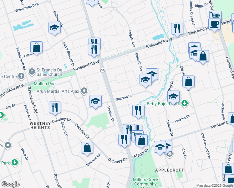 map of restaurants, bars, coffee shops, grocery stores, and more near in Ajax