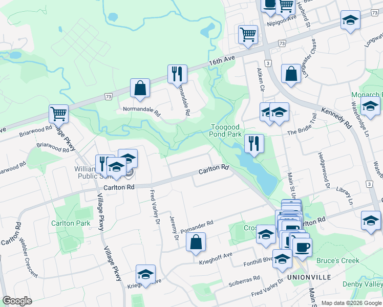 map of restaurants, bars, coffee shops, grocery stores, and more near 40 Pennock Crescent in Markham