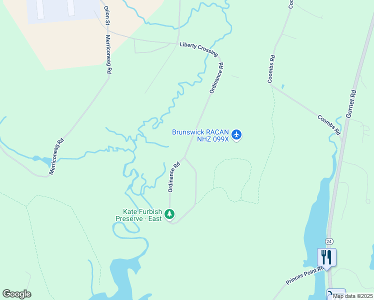 map of restaurants, bars, coffee shops, grocery stores, and more near Ordinance Road in Brunswick