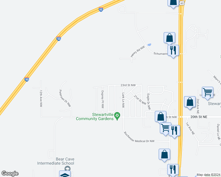 map of restaurants, bars, coffee shops, grocery stores, and more near 2214 Nightingale Avenue Northwest in Stewartville