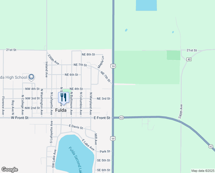 map of restaurants, bars, coffee shops, grocery stores, and more near 406 Northeast 4th Street in Fulda