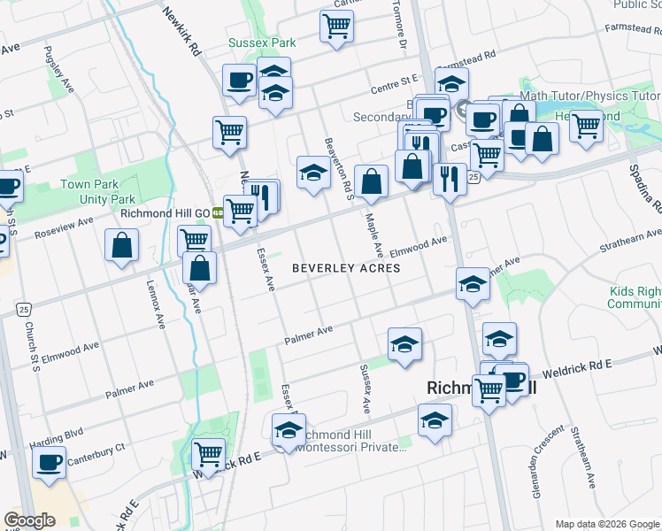map of restaurants, bars, coffee shops, grocery stores, and more near 335 Elmwood Avenue in Richmond Hill