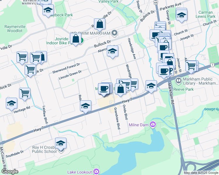 map of restaurants, bars, coffee shops, grocery stores, and more near 6 Galsworthy Drive in Markham