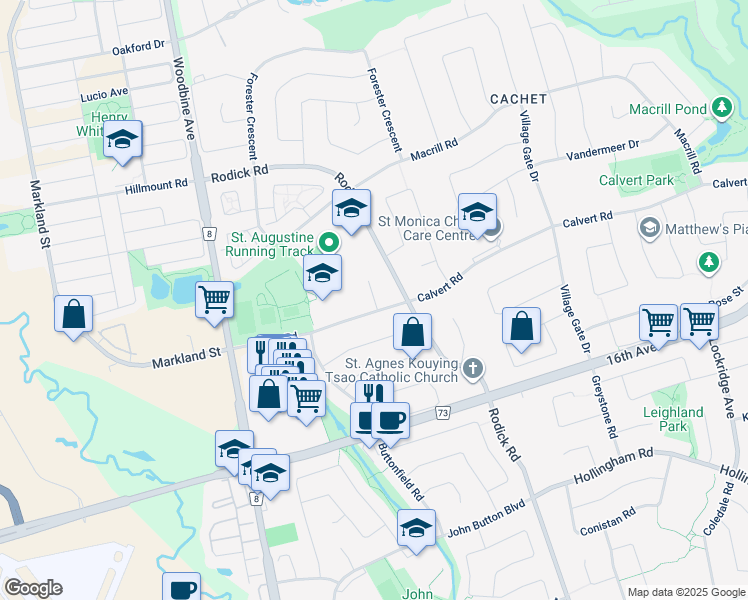map of restaurants, bars, coffee shops, grocery stores, and more near Thackeray Court in Markham
