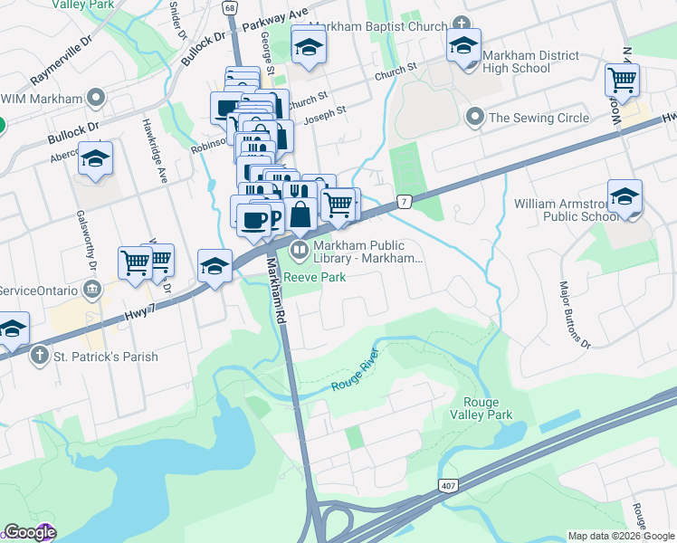 map of restaurants, bars, coffee shops, grocery stores, and more near 9 Reeve Drive in Markham