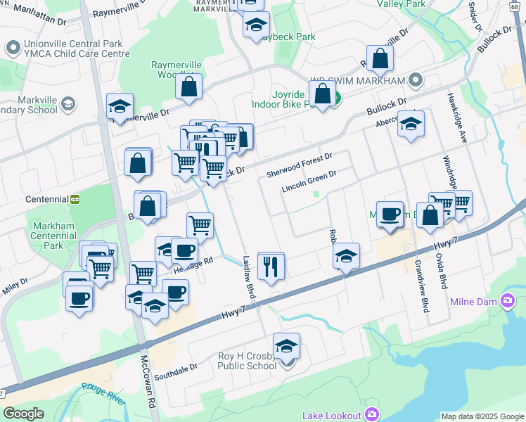 map of restaurants, bars, coffee shops, grocery stores, and more near 66 Sherwood Forest Drive in Markham