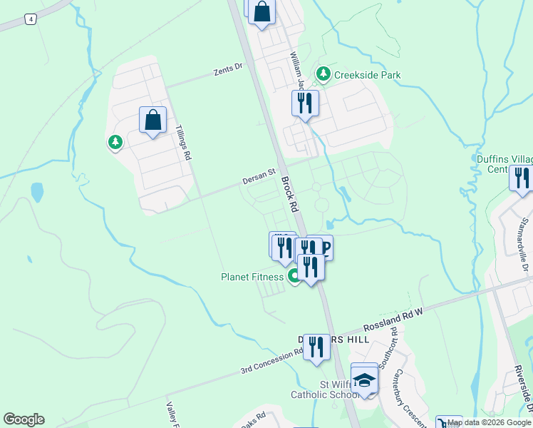 map of restaurants, bars, coffee shops, grocery stores, and more near 2250 Castlegate Crossing in Pickering