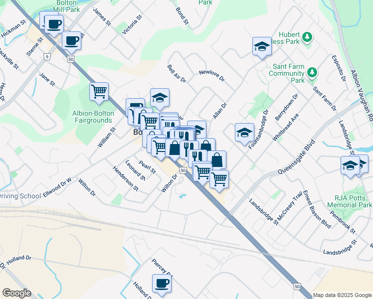 map of restaurants, bars, coffee shops, grocery stores, and more near 61 Allan Drive in Caledon