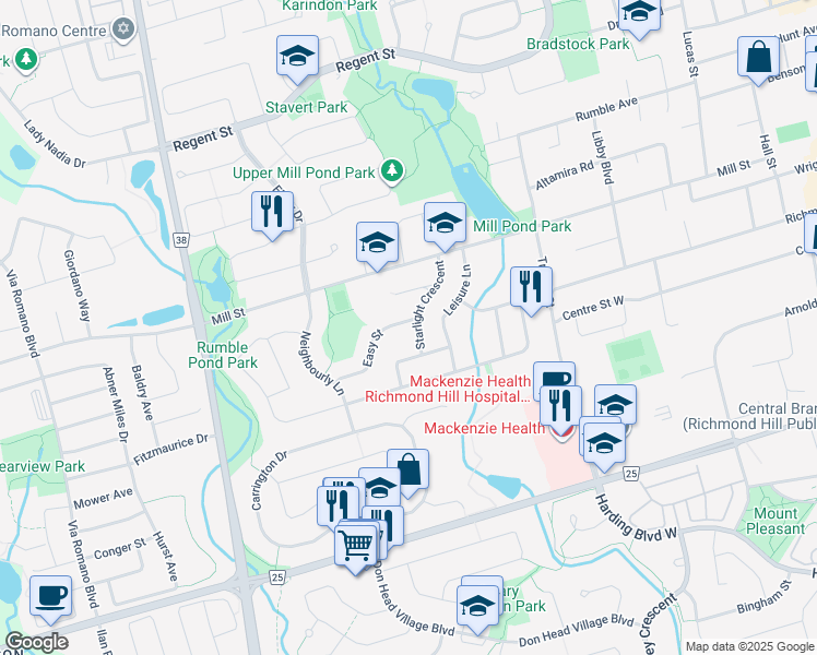 map of restaurants, bars, coffee shops, grocery stores, and more near 44 Starlight Crescent in Richmond Hill