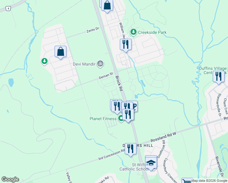 map of restaurants, bars, coffee shops, grocery stores, and more near 2521 Castlegate Crossing in Pickering