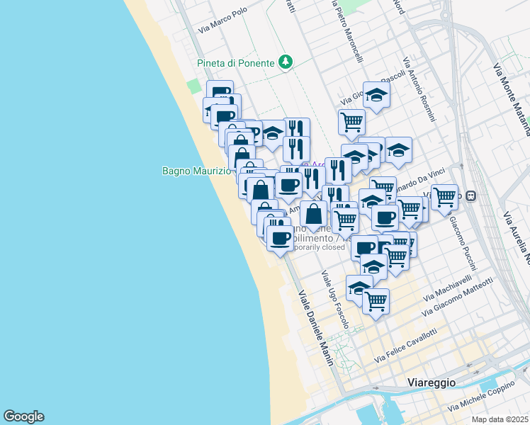 map of restaurants, bars, coffee shops, grocery stores, and more near Pista Ciclabile Fausto Coppi in Viareggio