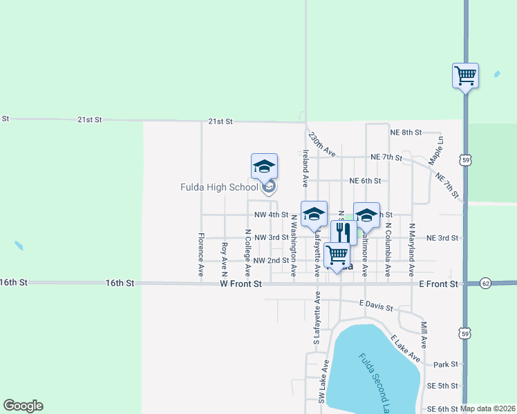 map of restaurants, bars, coffee shops, grocery stores, and more near 403 North College Avenue in Fulda